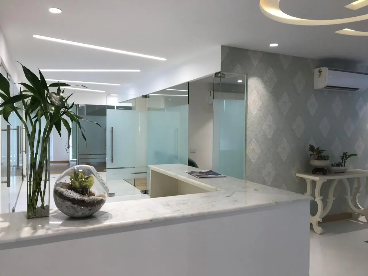 Prana reception desk and glass-lined hallway with indoor plants